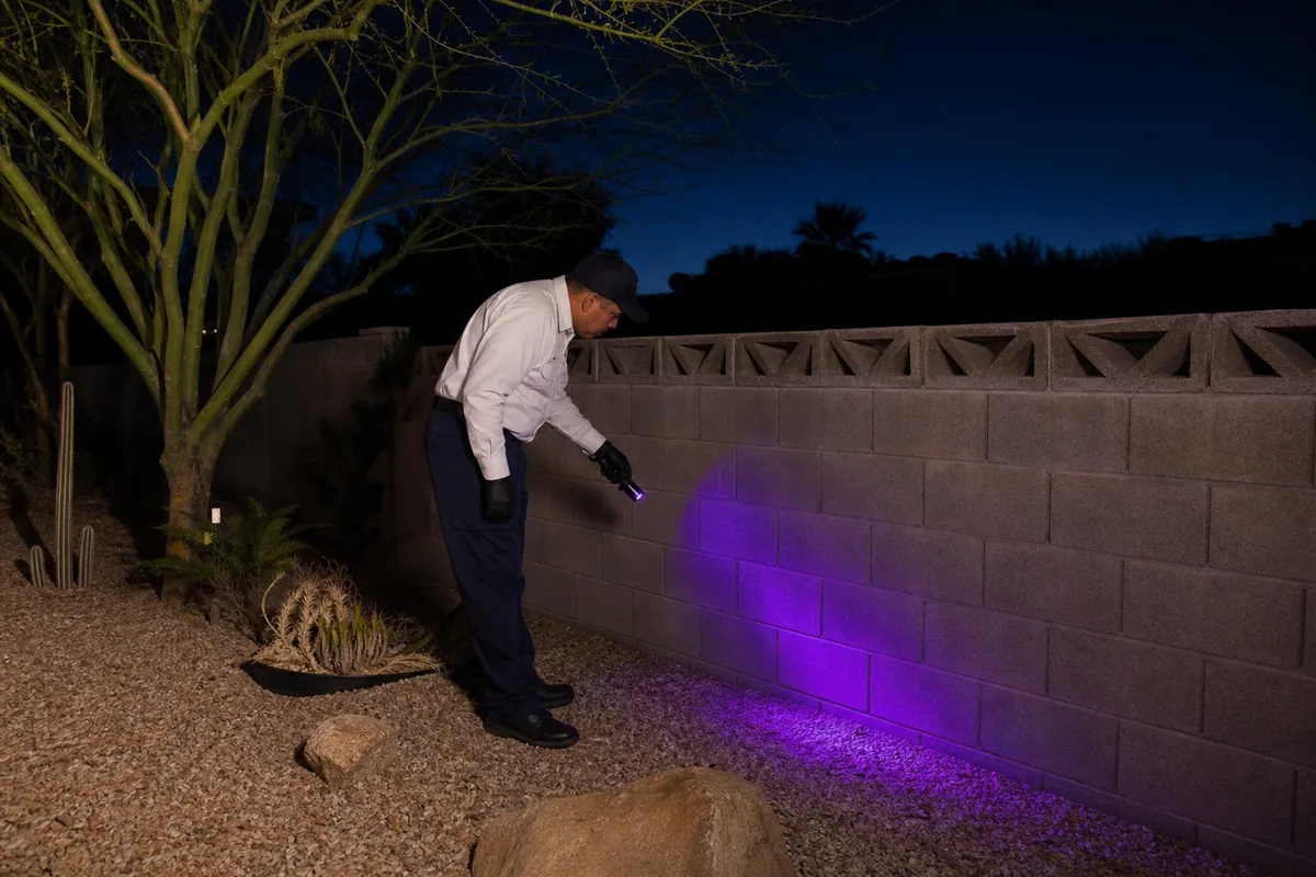 Technician using a UV blacklight at night to find bark scorpions in a Scottsdale backyard