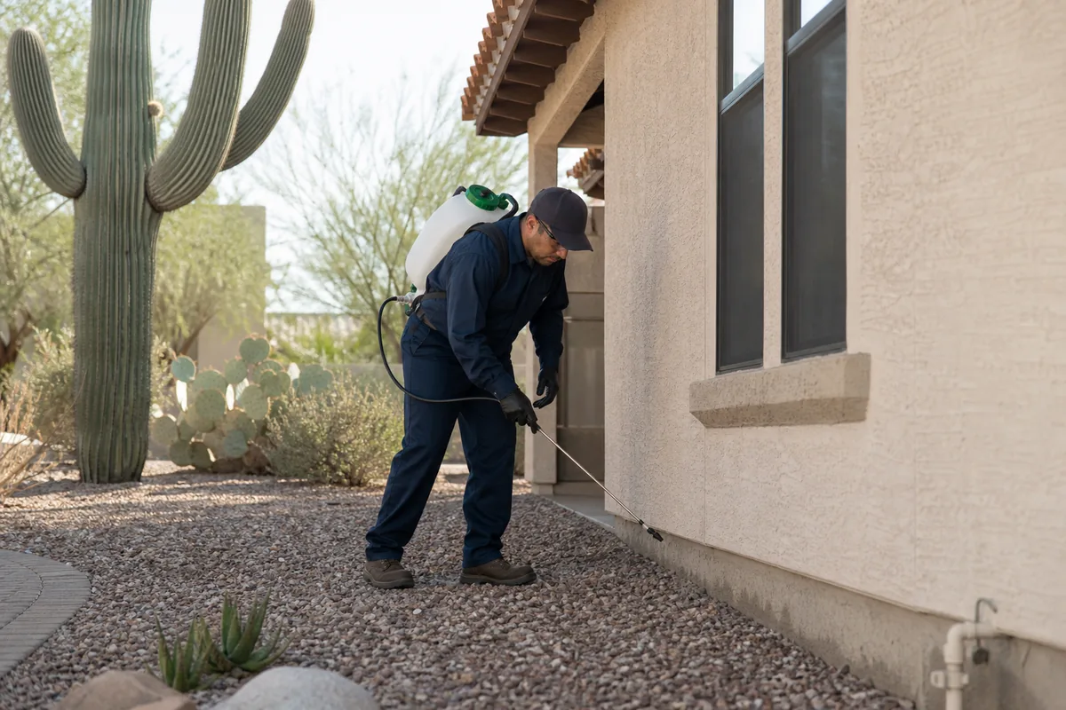 Scorpion control technician treating the perimeter of a Scottsdale Arizona home